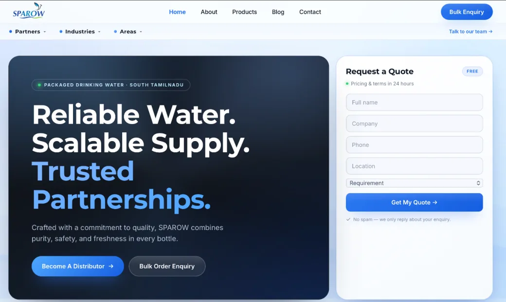 Sparow packaged drinking water website built by Reigrow Solutions