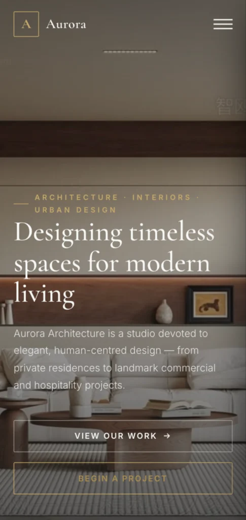Aurora Architecture website on a phone